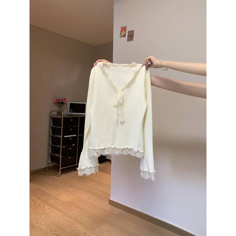 V-neck gentle lace knitted sweater spring pure desire slim-fit backing sweater bow inside top