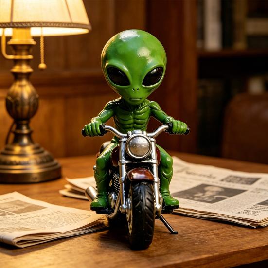 Alien Gnome Resin Statue, Sitting on Motorcycle Decorative Gnome Ornament, Waterproof Hand-Painted Garden Sculpture, for Indoor Outdoor Use