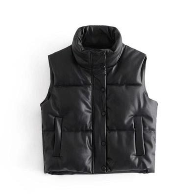 Women's Winter Pu Tank Top Sleeveless Bomber Lightweight Stand Collar Zip Solid Quilted Vest