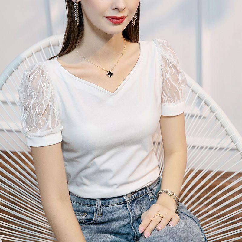Korean Simplicity Fashion Summer Puff Sleep T-Shirts Women Solid V-neck Patchwork Gauze Temperature Loose Short Sleeve Thin Tops