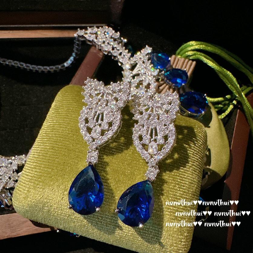 Lace Honeycomb Sapphire Water Drop Necklace, Antique Plated 18K Gold, Royal Blue Engraved Zircon Earrings, Brooch