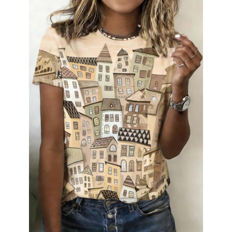 Women's Casual Short-Sleeve T-Shirt - Colorful Fun House Print Garden Collar Top