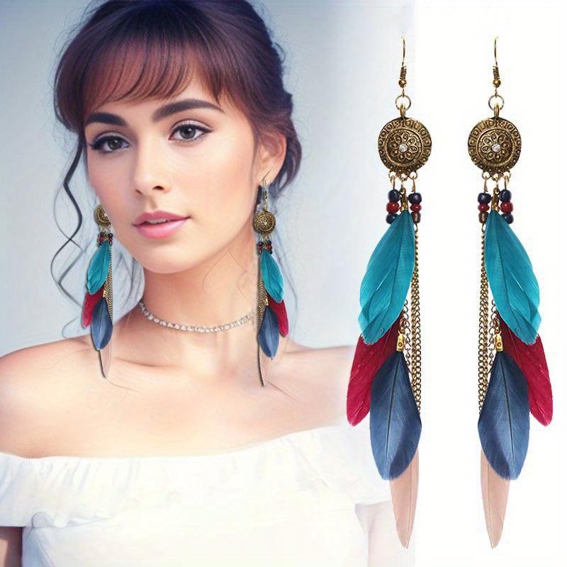 

Серьги в стиле бохо с перьями, этнические гипоаллергенные серьги-кисточки в стиле ретро для туризма в провинции Юньнань