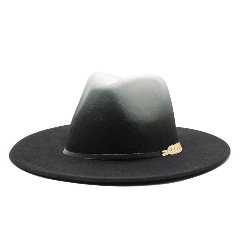 

NEW gradient Wide Brim Wool Felt Jazz Fedora Hats Leaf BuckleBritish style Trilby Party Formal Panama Cap Dress Hat Winter 56-58CM
