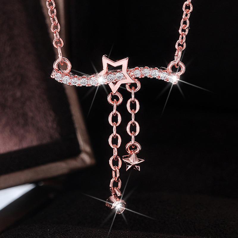 Hollow Star Accent Full Paved Zircon Tassel Drop Pendant Necklace