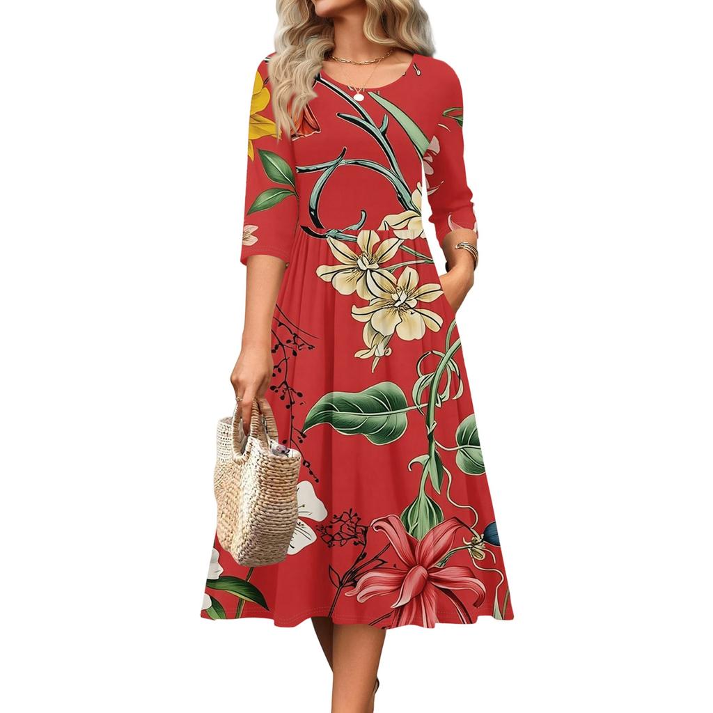 Rochie de damă cu mâneci 3/4, casual, fluidă, în A, midi, tip tricou, cu buzunare, cu gât rotund, pentru vacanță, boho, de plajă, de vară