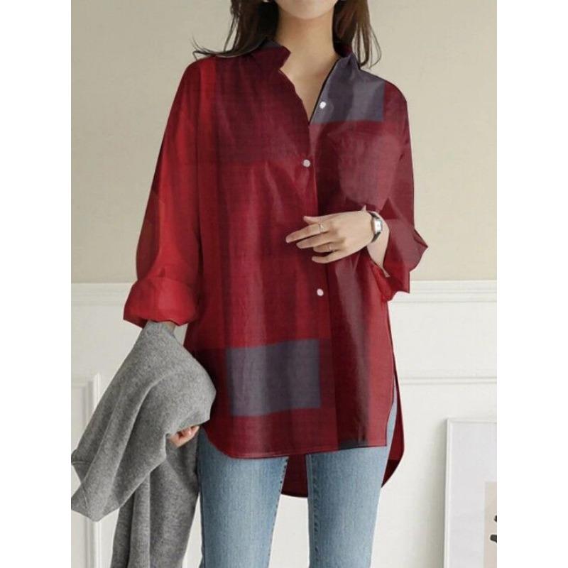 Damen Blumenprint Hemd Stehkragen 3/4 Ärmel Knopfleiste Locker Tunika Top