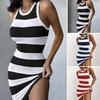 Summer Women Mini Dress O-neck Sleeveless Striped Print Vest Dress Slim Fit Bodycon Dress Stretchy Sundress