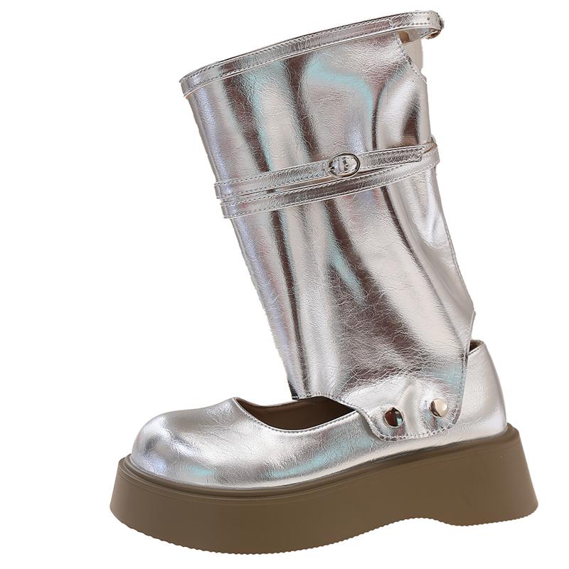 Fashion Two-wear Platform Single Shoes Autumn New Round Toe Shallow Socket Metal One-band Non-slip Wear-resistant Kitten Heel Shoes