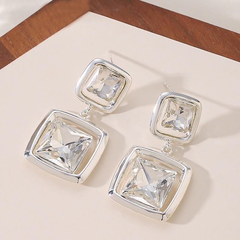 Geometric Glass Crystal Stud Earrings Women Minimalist Chic Statement Jewelry Silver-Plated Copper Post 2025 Fashion