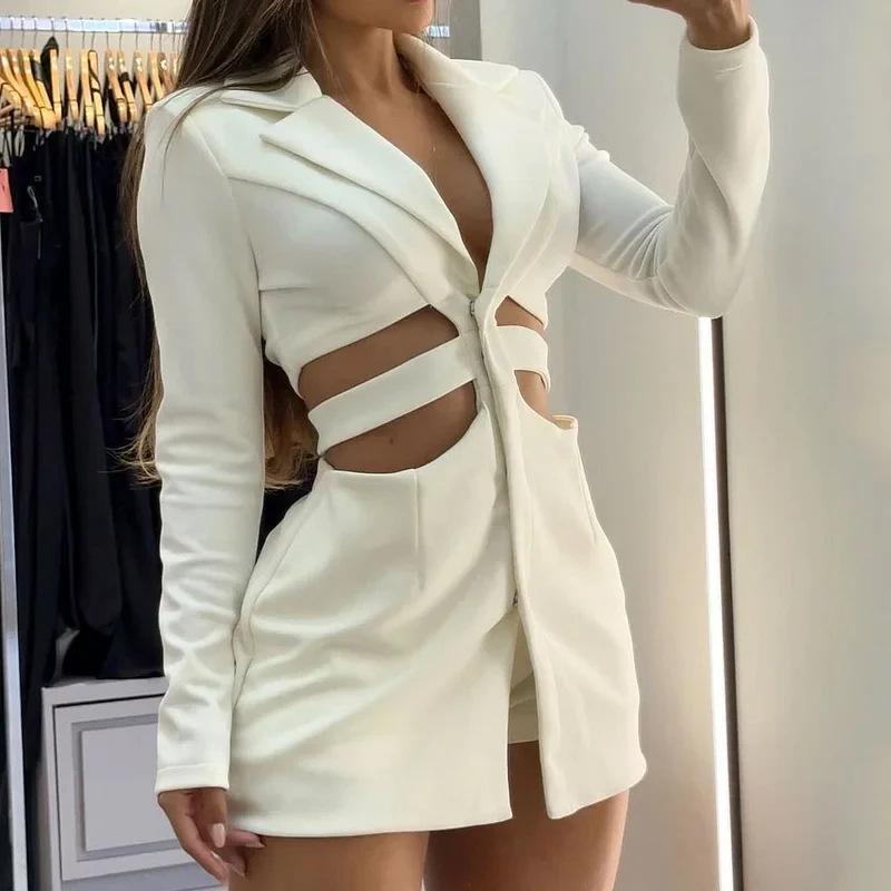 Women's Turn Down Collar Long Sleeve Blazer Dress Slim Fit Mid Waist Sexy Cutout Solid Mini Dress
