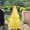 French retro yellow v-neck suspender dress women's summer sexy small backless cake dress