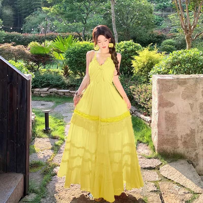 French retro yellow v-neck suspender dress women's summer sexy small backless cake dress