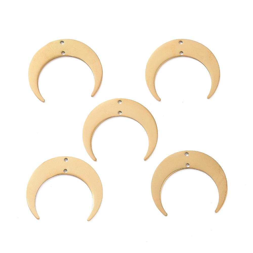 5pcs 201 Stainless Steel 2-Loop Link Pendants Laser Cut Crescent Golden 26x30x1mm Hole: 1.2mm