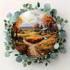 Autumn Countryside Metal Wall Art Circular Rustic Iron Plaque Vibrant Fall Hues Calm Landscape Bedroom Living Room Home Decor Halloween Gift