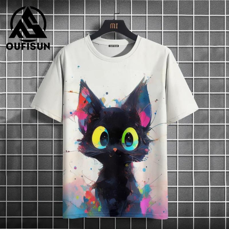 Letní pánské tričko Animal Cute Cat Print Crew Neck Krátký rukáv Tričko Street Trend Tops Nadměrné pánské oblečení Tričko pro muže