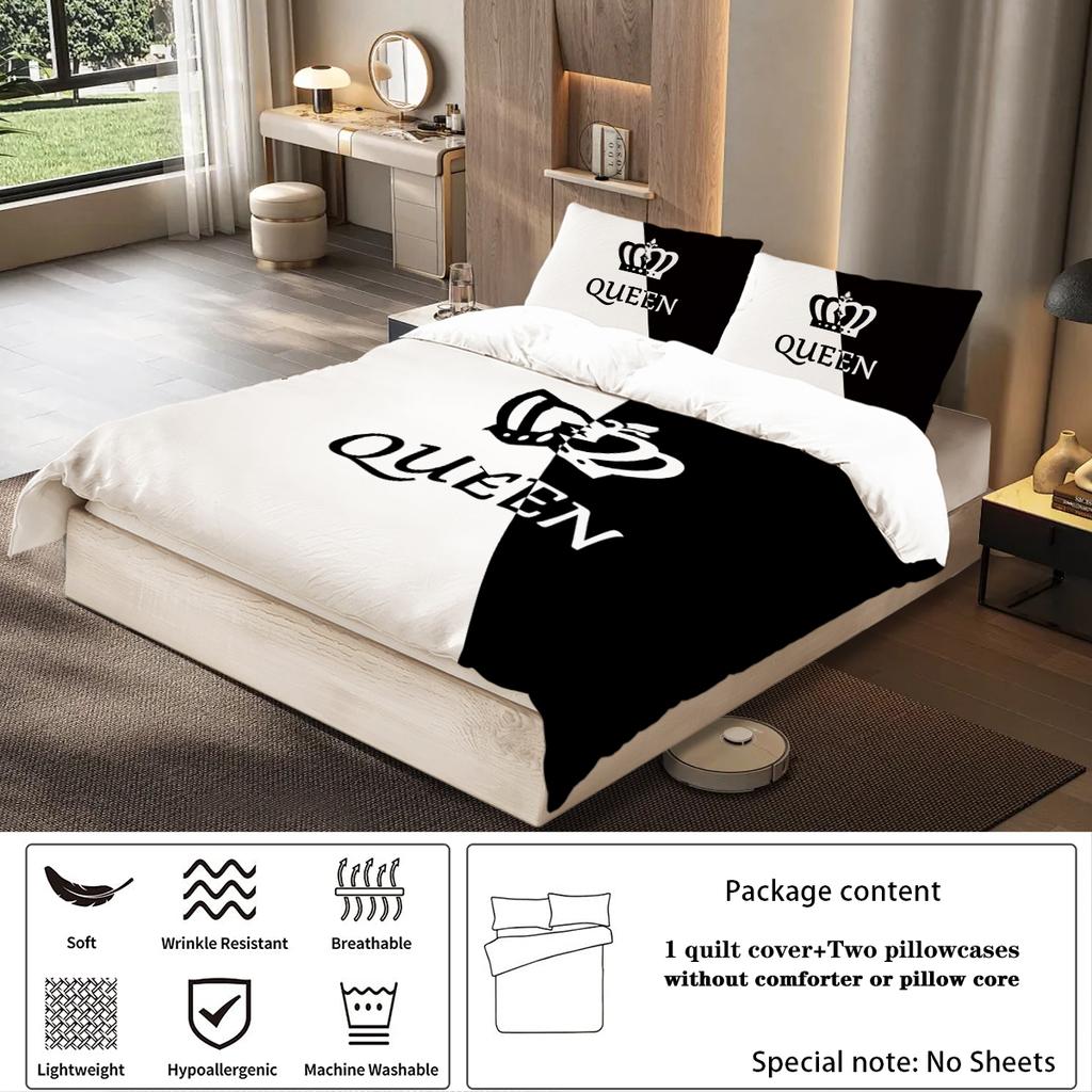 3pcs Fashionable Black Grey KING and QUEEN Design Printed Bedding Set, Soft, Comfortable, Breathable Duvet Cover, Bedroom, Hotel