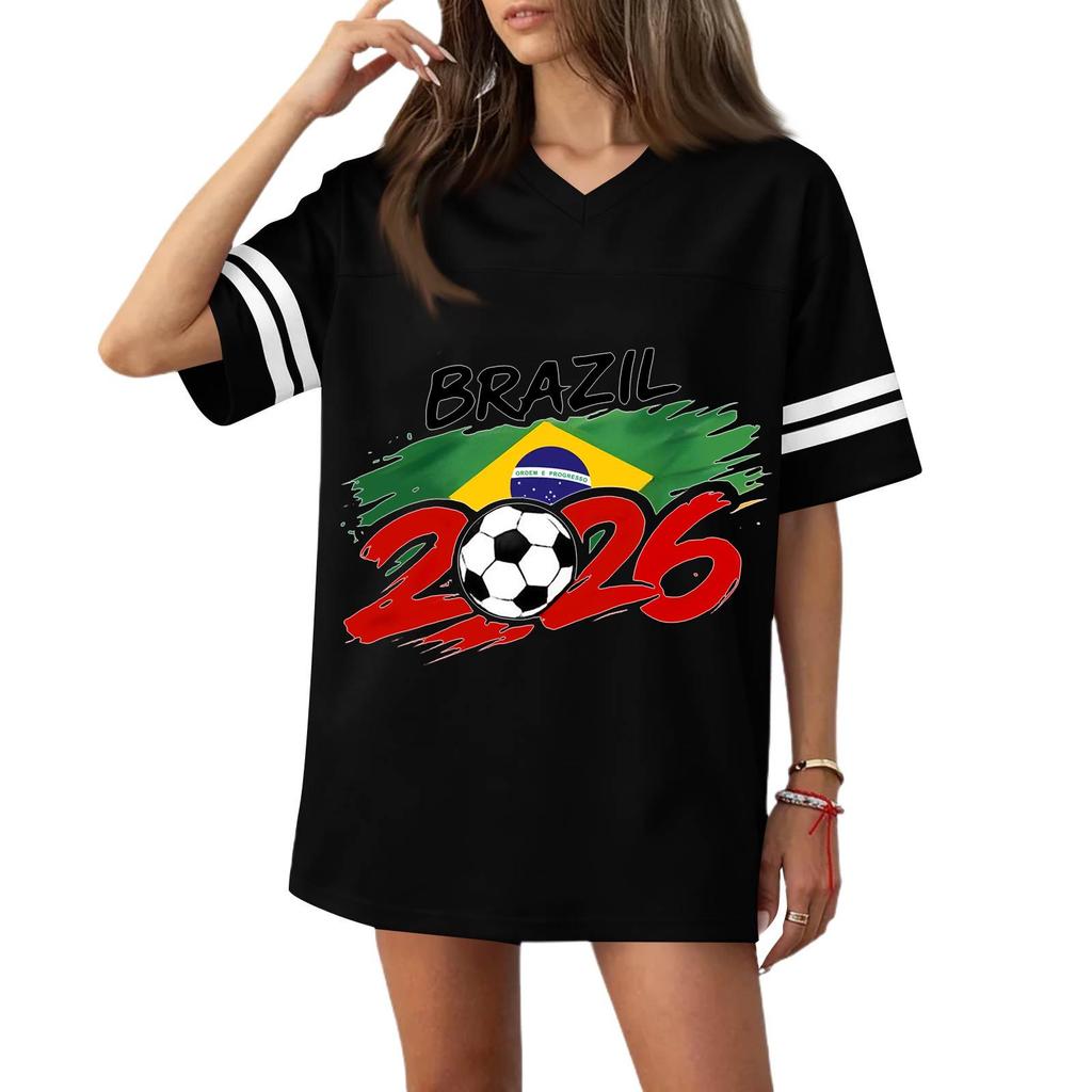 Women V Neck Short Sleeve Casual Top with Football Flag Print Loose Fit Sports T Shirt for 2026 Event Design