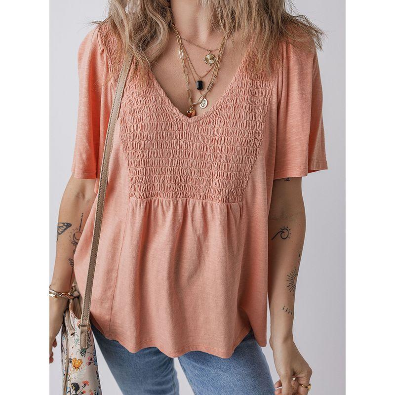 US Shiying Loose Solid Bid V neck pullover Women 2025 Summer New Simple Short sleeve T-shirt Women