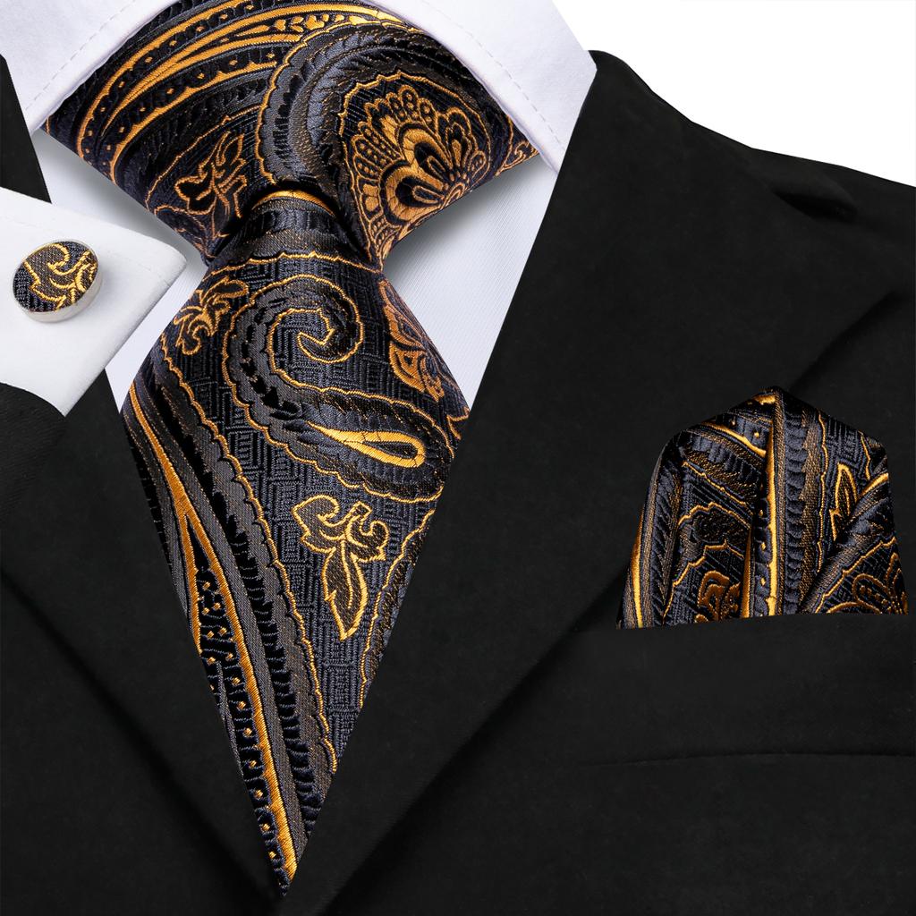 Hi-Tie Dunkelgoldenes Paisleymuster, Jacquard-Krawatte aus Seide für Herren, klassische Krawatte, Manschettenknöpfe, Taschentuch-Set