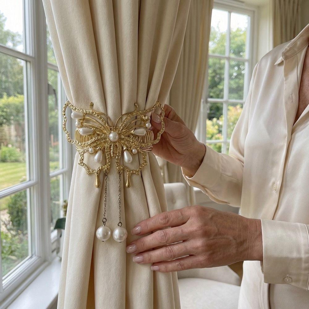 Metal Butterfly Curtain Buckle Gold Pearl Curtain Straps Curtains Tie Rope  Bedroom