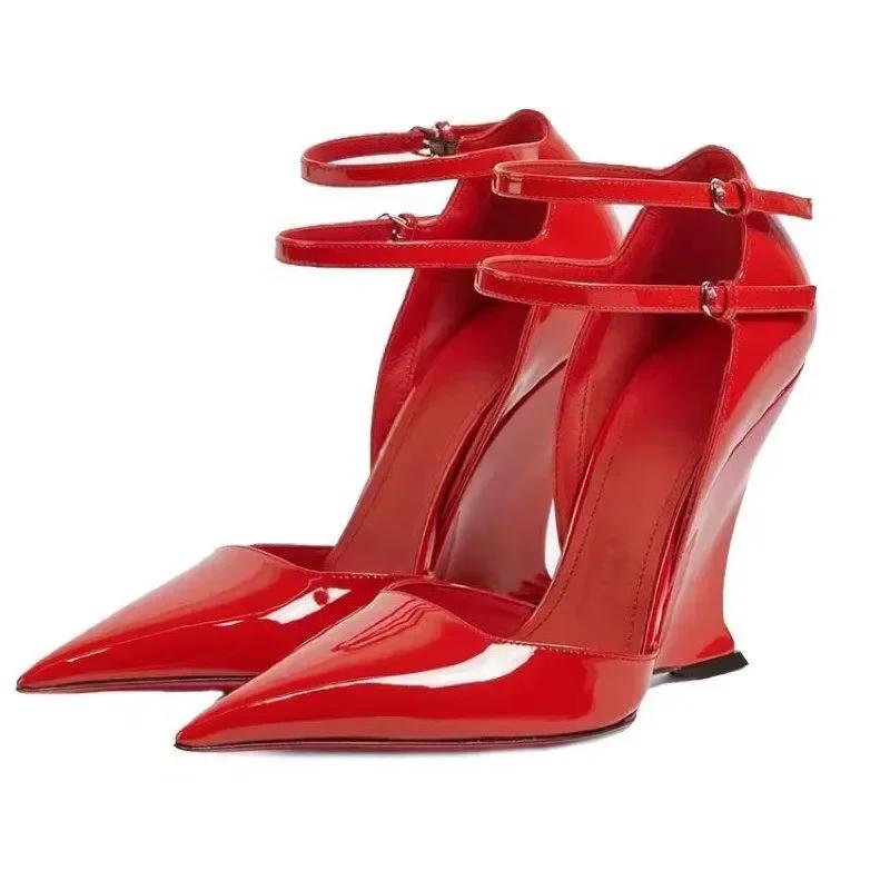 Fashion Elegant Red Patent Leather Wedges High Heels Women Sexy  Pointed Toe Pumps Fashion Double Buckle Strap Ladies Party Dress Shoes