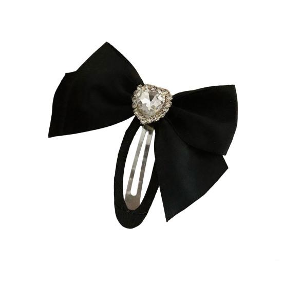 Women Hairpin Smooth Edges Smooth Satin Ribbon Bow Sparkling Rhinestone Rounded BB Clip Hair Accessory