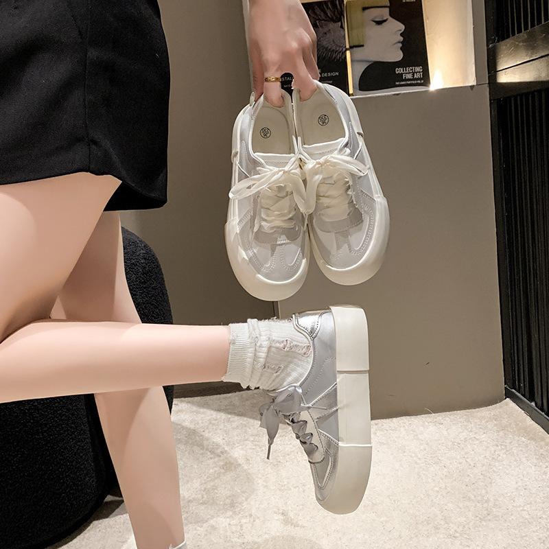 Little White Shoes Women's Autumn 2025 New Thin Breathable Moral Training Shoes Heightened Thick-soled Splicing Satin Casual Board Shoes