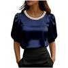 Women's Fashion Loose Fit Satin Pearl Collar Short Sleeve Blouse Top Casual Elegant Office Wear