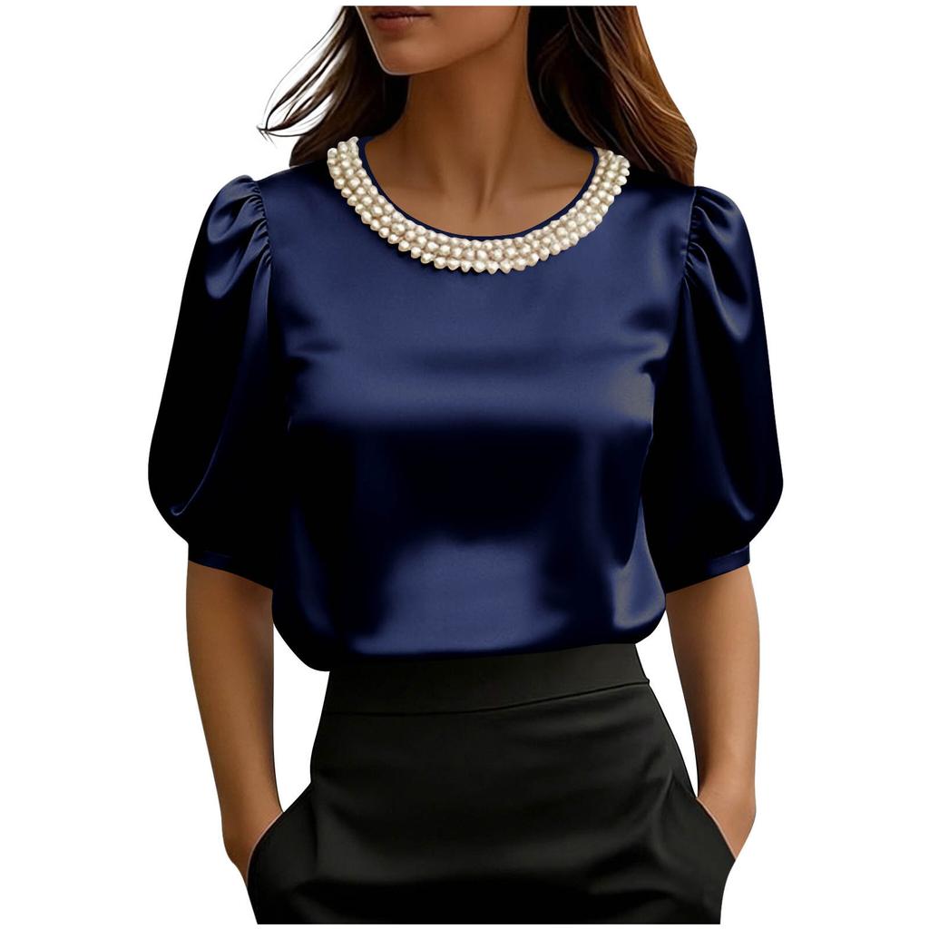 Women's Fashion Loose Fit Satin Pearl Collar Short Sleeve Blouse Top Casual Elegant Office Wear