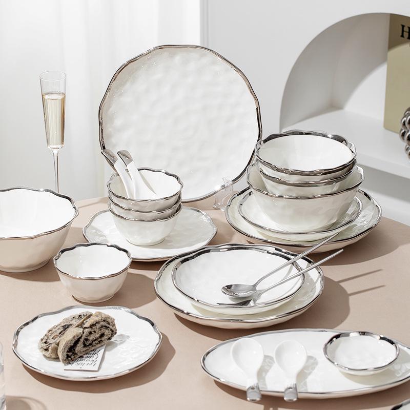 Elegant Hammered Silver Edge Ceramic Bowl & Plate Set - Perfect Housewarming Gift