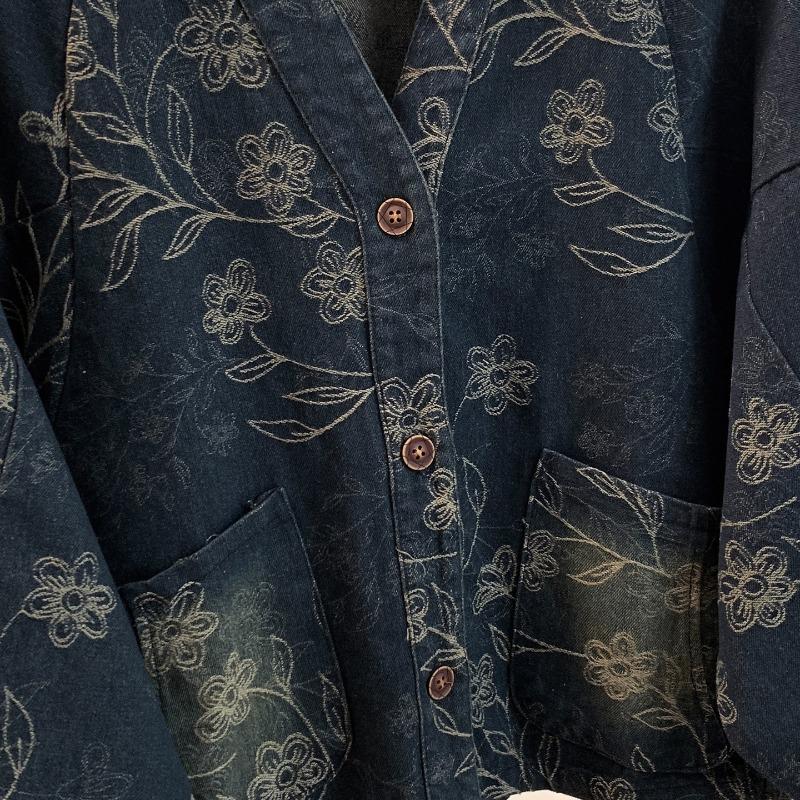 DIMANAF 2026 Herbst Winter Große Größen Damen Jeansjacken Mantel Kurz Lässig Print Floral Locker Knöpfe Blau Vintage Oberbekleidung
