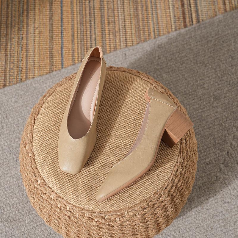 Leather 3.5cm thick heel middle heel single shoes women's spring and autumn new French square head professional work non-grinding feet grandma shoes