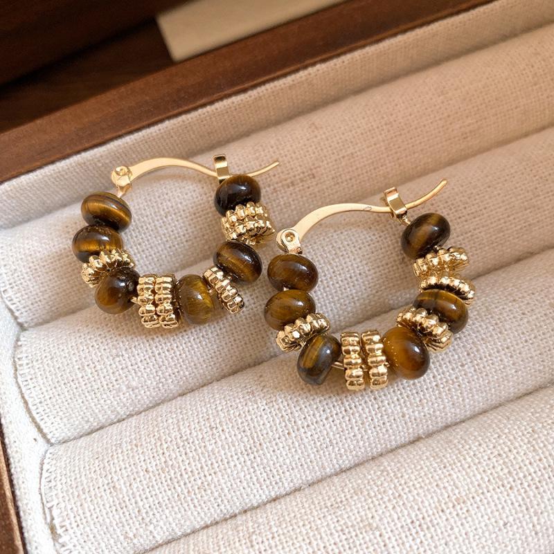 Geometric Tiger's Eye Stud Earrings, Retro Millard Style - Unique Design with Silver Needle 