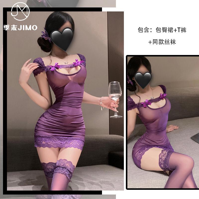 Sexy underwear Sexy splicing lace bow perspective slim fit hip skirt pure temptation