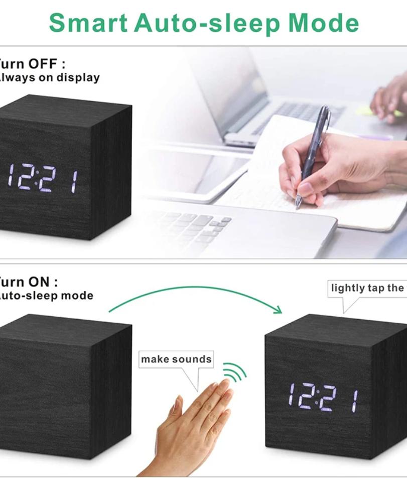 Wooden Digital Alarm Clock with Temperature Sound Control Electronic Clocks Desktop USB/AAA Powered Desperadoe LED Bedside ClocK