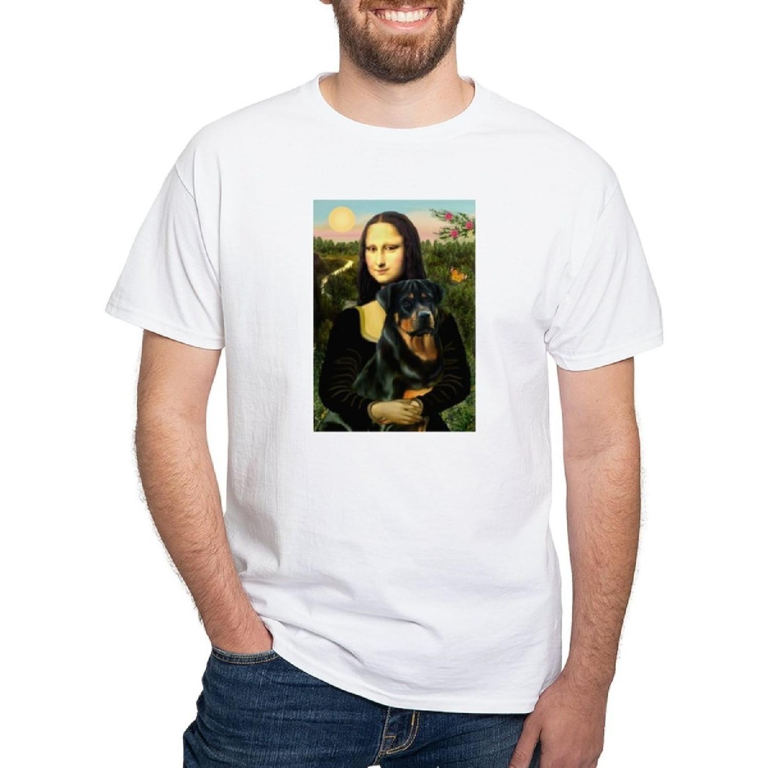 CafePress Mona Lisa & Rottie White T Shirt Men s Traditional Fit White Casual Tshirt XXXXXL белый