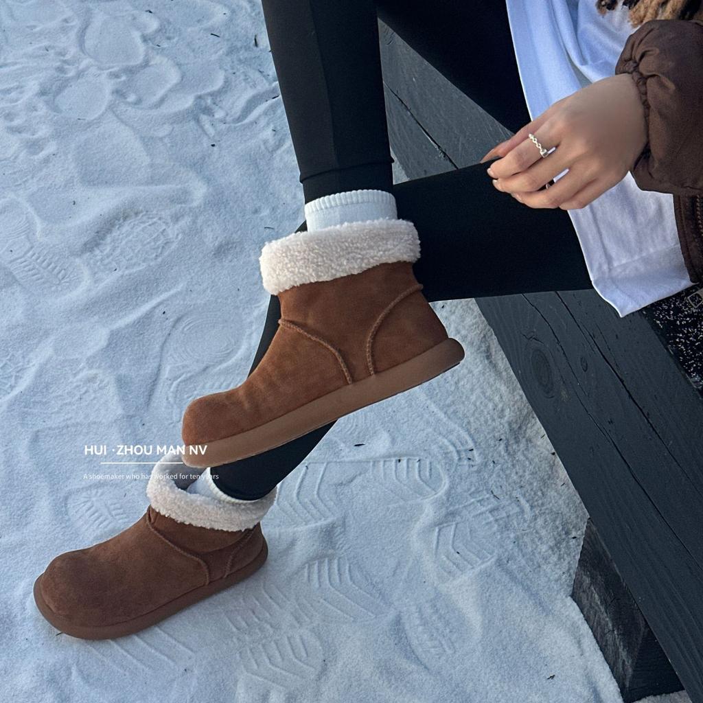 Rindslederversion~ Retro runde Zehe hässlich süße kurze Stiefel Damen Samt Low-Top Schneestiefel warm große Baumwollschuhe dicksohlige flauschige Stiefel