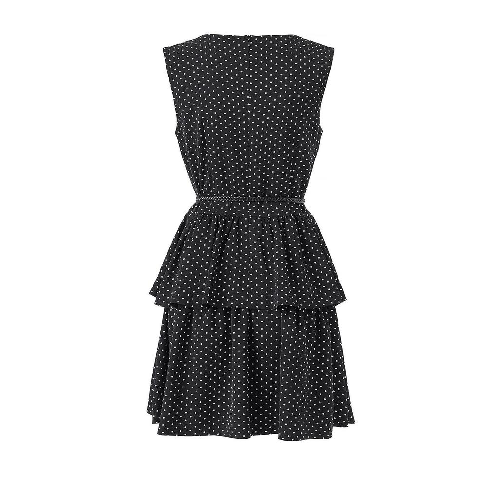 Gepunktetes Satin-Sommerkleid mit Rüschensaum und taillierter Taille für Damen