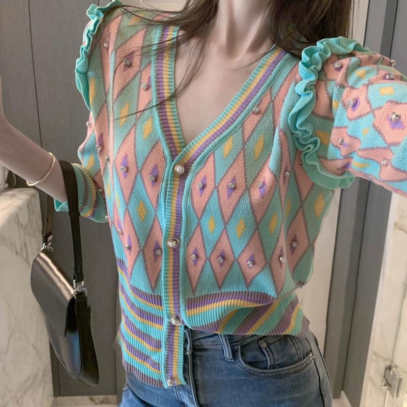 Spring Autumn Women V-neck Casual Beading Plaid Single Breasted Knitted Sweater Cardigan Top