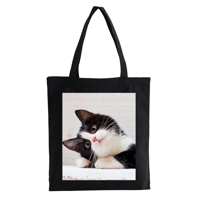 Cute Cat Shopper Bag Kawaii Women Large Canvas Tote Cartoon Cat Eco Reusable Shopping Bag Female Handbag