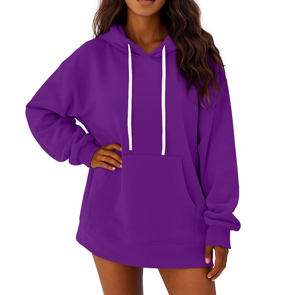 Women's Solid Color Long Sleeved Loose Casual Mid Length Pullover Hoodie Sweatshirt