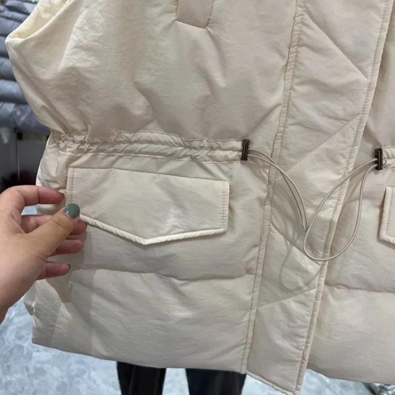 Autumn and Winter Mid-length Down Cotton Vest, Drawstring Waist, Thin Waistcoat Women