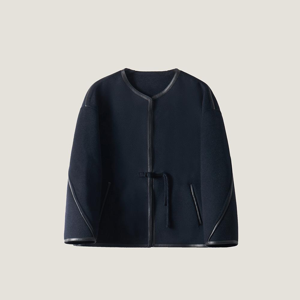 Women's Leather Chinese Knot Woolen Coat Simple Retro Short Round Neck Fleece Coat Warm