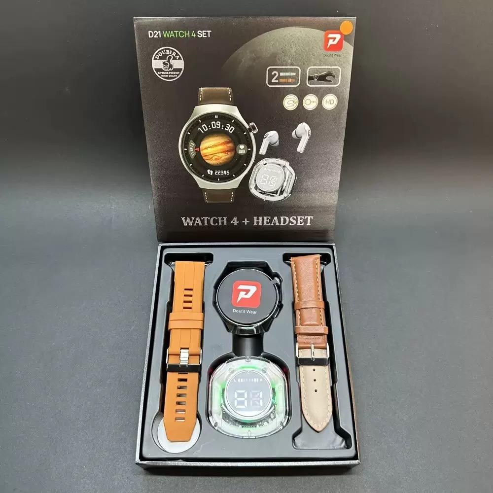 Set Cadou Ceas Inteligent D21 4 cu Căști Bluetooth Air39 Cadran Rotund Relojes Montre Connecte 2 în 1 Ceas Inteligent cu Căști TWS