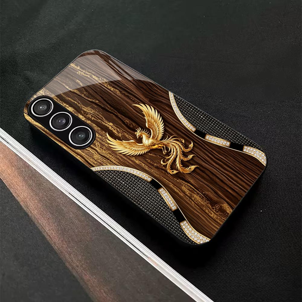 Wood Grain Golden Phoenix phone case glass s26 ultra case s25 ultra case for Samsung Galaxy S26 S25 S24 S23 S22 FE Ultra Plus