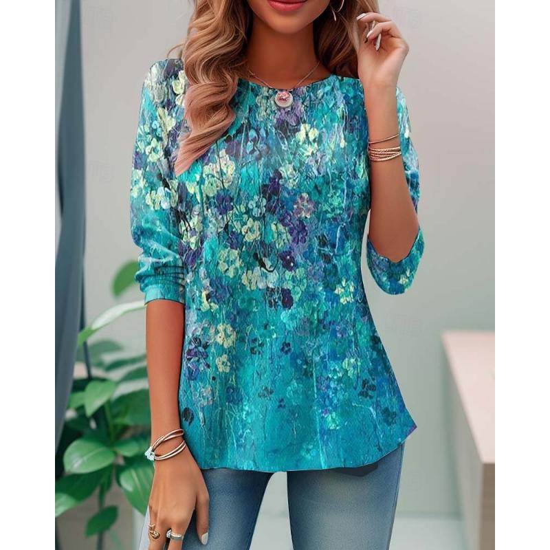 Flower Digital Pattern Women's Long Sleeved T-shirt Winter Warm T-shirt Top Fashionable Casual T-shirt Party Essential Top