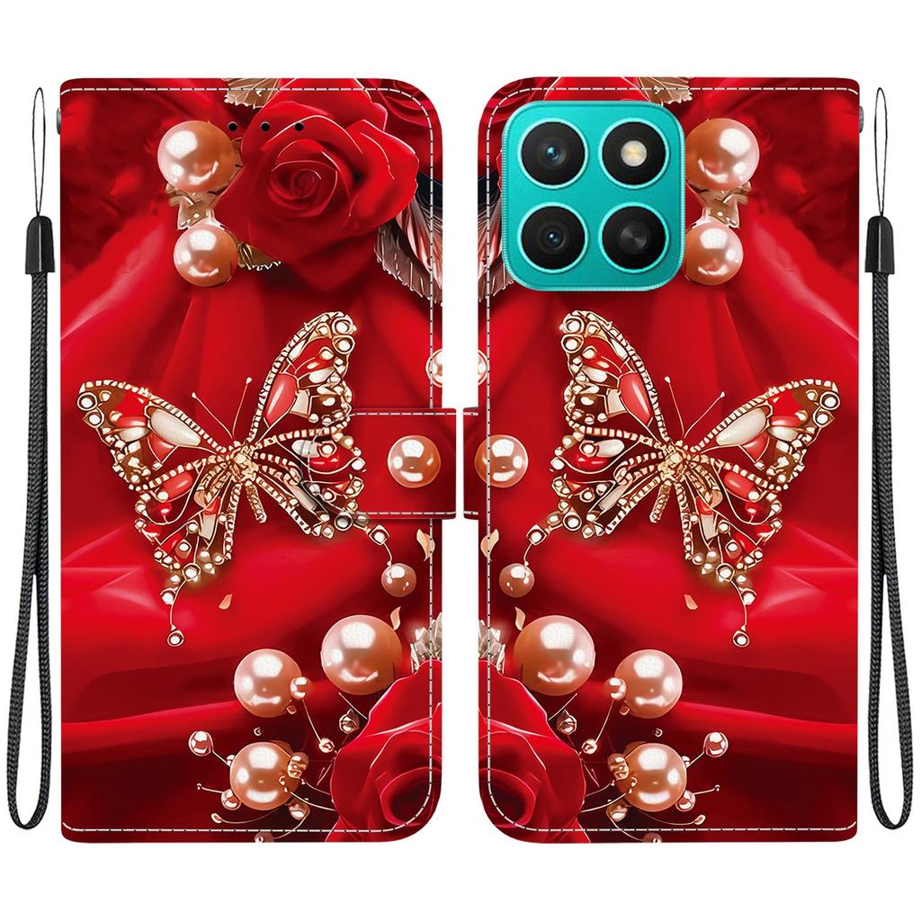 Handmade PU Leather Flip Case for Honor X8c Anti-Slip Shockproof Cover with Wrist Strap & Heart/Rose Cat Designs