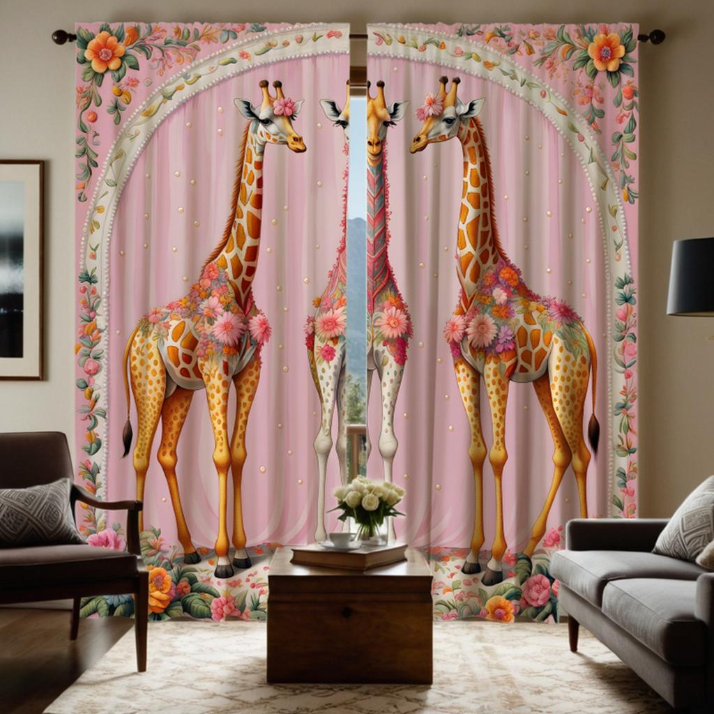 2 Stück HD Girly Puderblumen Dekoration Giraffe Dekovorhang Rosa Bindeband Digital bedruckter Vorhang Heimdekorationsstil