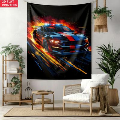 Dynamic Sports Car With Flame Theme Printing Polyester Wall Tapestry Suitable For Use In Living Room Bedrooms Offices Bars Party